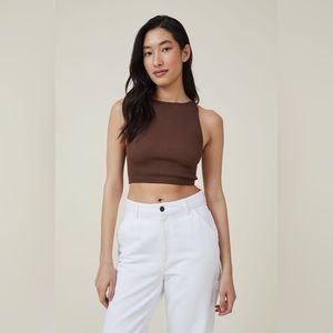 cotton on seamless benni high neck tank, brown ribbed crop tank top size xs/s